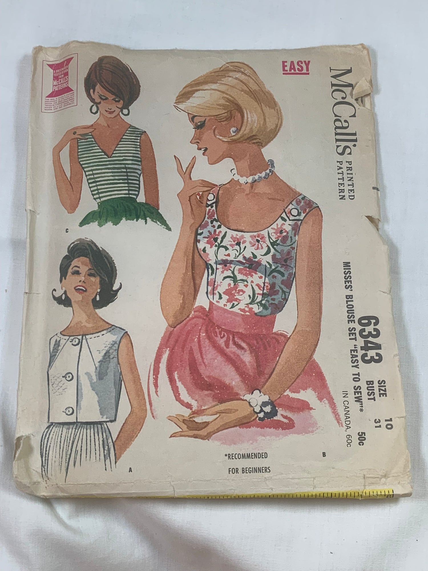 McCall's Sewing Pattern 6343 Misses' Blouse,Three Variations, Sleeveless, Button Front, Zipper Back, Size 10, Cut, Vintage 1962