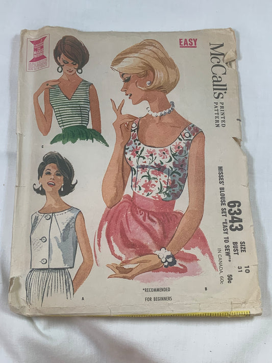 McCall's Sewing Pattern 6343 Misses' Blouse,Three Variations, Sleeveless, Button Front, Zipper Back, Size 10, Cut, Vintage 1962