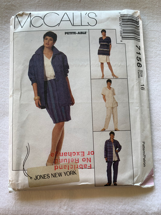 McCall's Sewing Pattern 7156 Misses'/Misses' Petite Unlined Jacket, Top, Skirt, Pants, Long/Short Sleeves, Pockets, Button Front, Size 16 Uncut, Vintage 1994