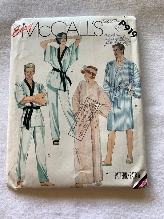 McCall's Sewing Pattern P919 Misses'/Men's Robe, Pants, Tie Belt, Long/ShortSleeves, Pockets, Size 40-42, Uncut, Vintage 1995