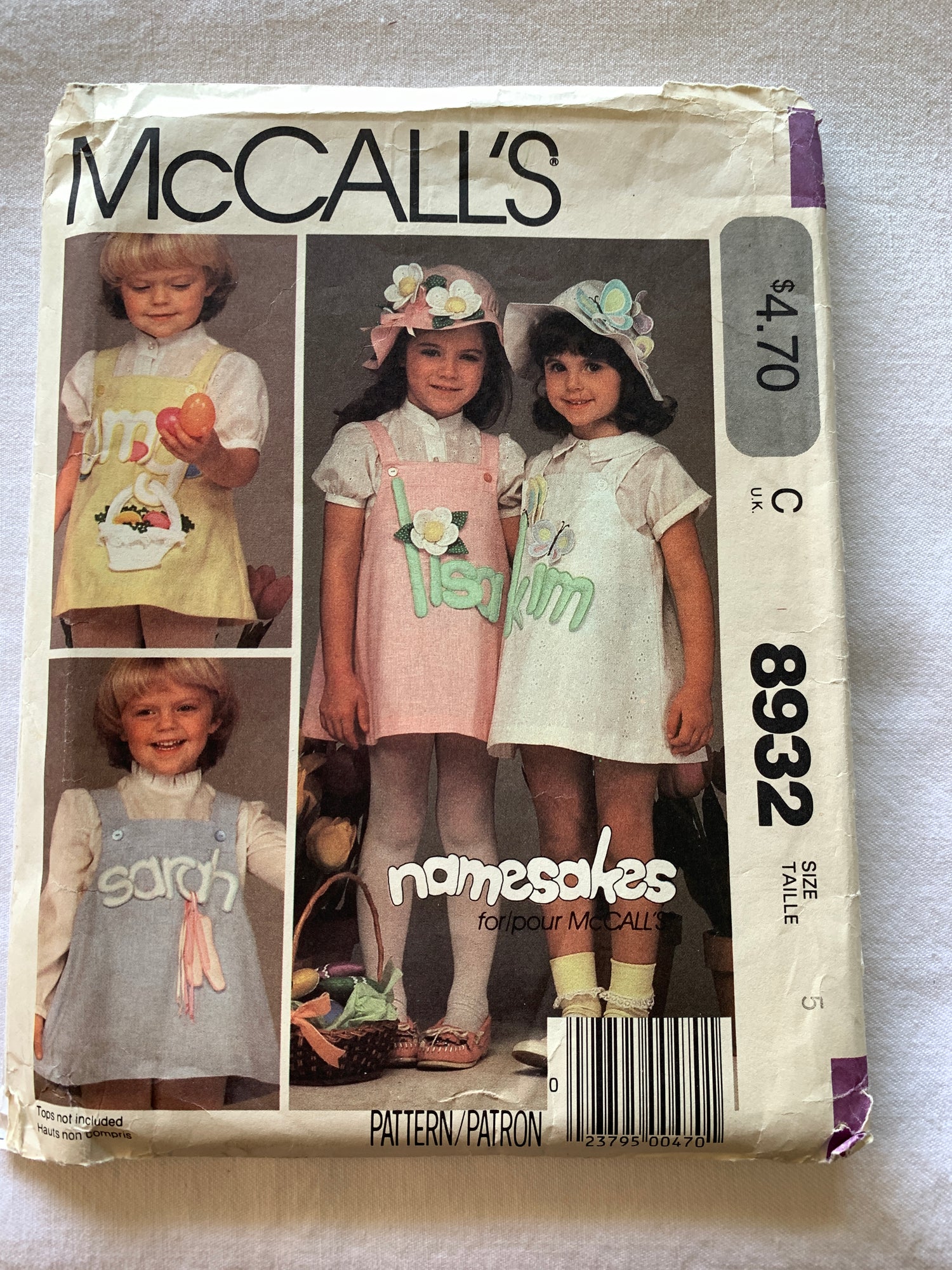 McCall's Sewing Pattern 8932 Toddlers'/Children Jumper, Hat, Pullover, Pockets, Transfers, Sleeveless, Size 5, Uncut, Vintage 1984