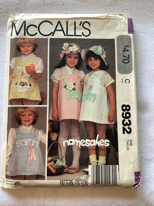 McCall's Sewing Pattern 8932 Toddlers'/Children Jumper, Hat, Pullover, Pockets, Transfers, Sleeveless, Size 5, Uncut, Vintage 1984