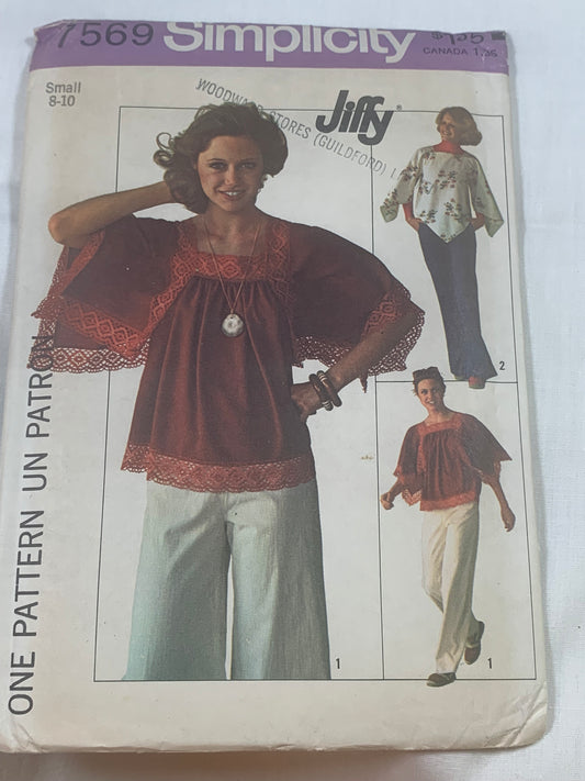 Simplicity Jiffy Sewing Pattern 7569 Misses' Jiffy Pullover Tops, Blouses, Shirts, Long Raglan Sleeves, Handkerchief Shape, Size 8-10, Cut, Vintage 1976