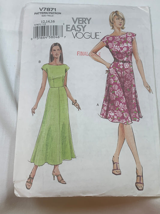 Vogue Sewing Pattern V7871 Misses'/Misses' Petite Dress, Belt, Cap Sleeves, Zipper Back, Semi-Fitted, A-Line, Size 12-16, Uncut, 2004
