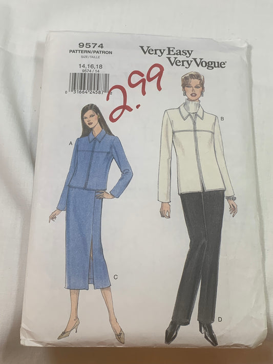 ogue Sewing Pattern 9574 Misses'/Misses' Petite Jacket, Skirt, Pants, Loose-Fitting, Lined, Shoulder Pads, Zipper Back, Size 14-18, Uncut, 2001