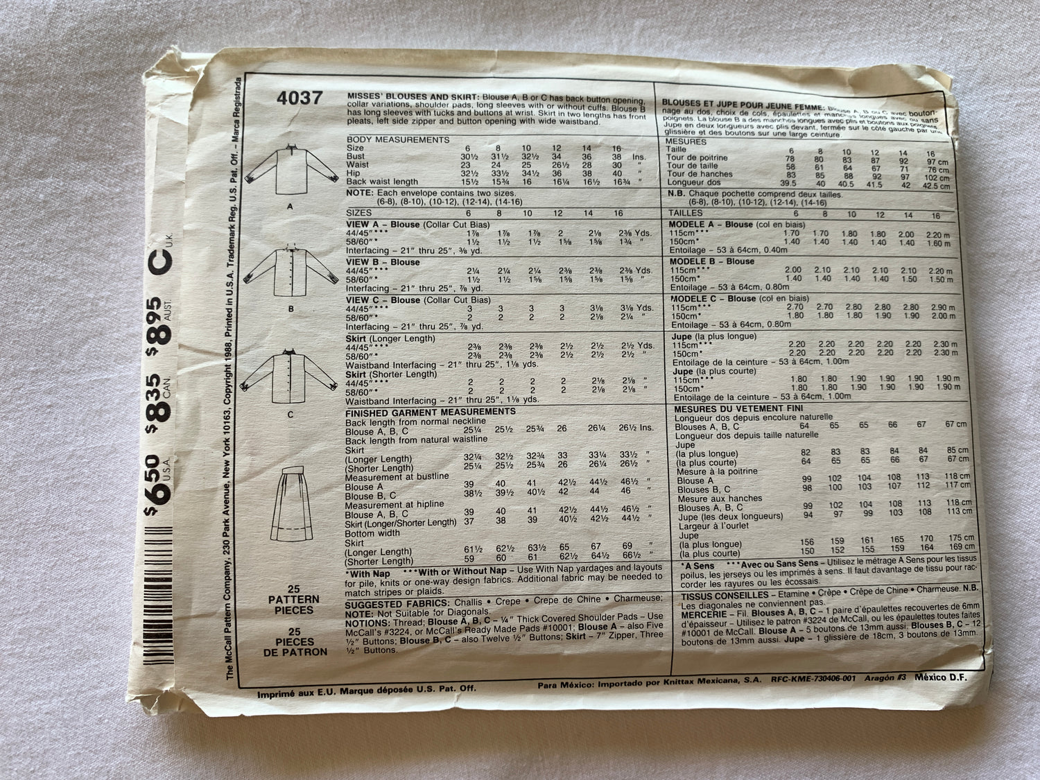 McCall's Sewing Pattern 4037 Misses' Blouse, Skirt, Shoulder Pads, Two Lengths, 3 Variations, Size 10-12, Uncut, Vintage 1988