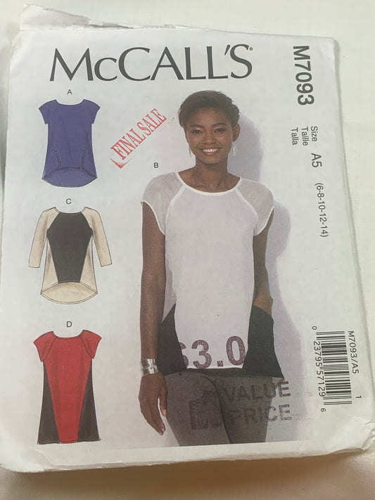 McCall's Sewing Pattern M7093 Misses' Tunics, Tops, Long/Short Sleeves, 4 Variations, Semi-Fitted, Pockets, Size 6-14, Uncut, 2015