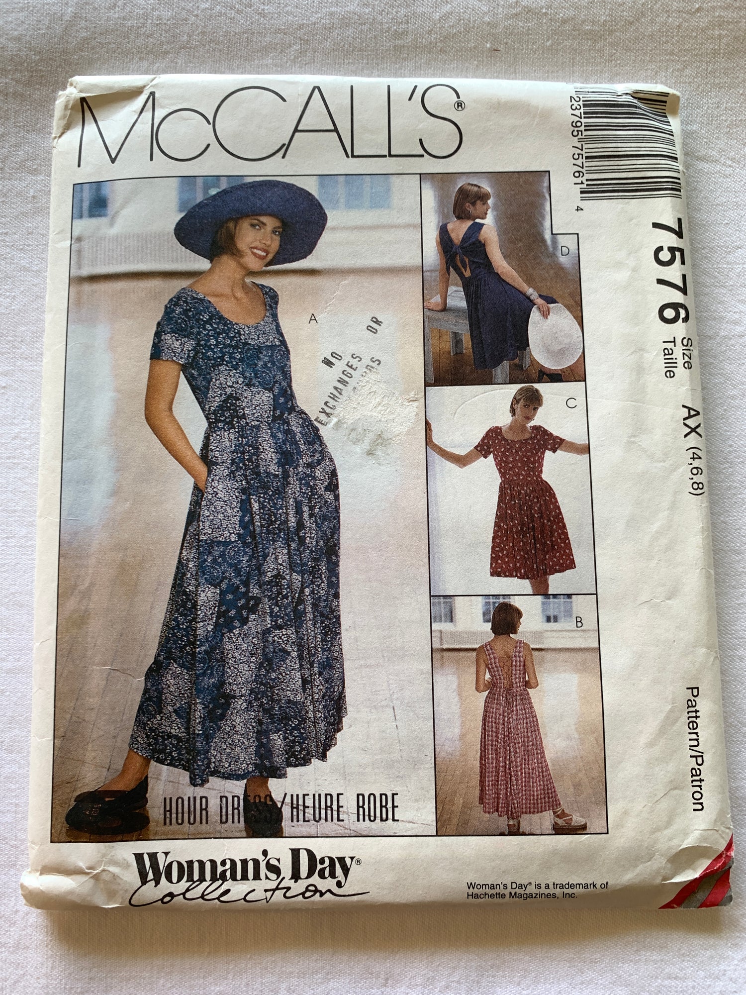 McCall's Sewing Pattern 7576 Misses' Dress, Zipper Back, Two Lengths, Pockets, Size 4-8, Uncut, Vintage 1995