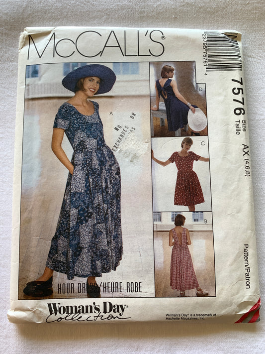 McCall's Sewing Pattern 7576 Misses' Dress, Zipper Back, Two Lengths, Pockets, Size 4-8, Uncut, Vintage 1995