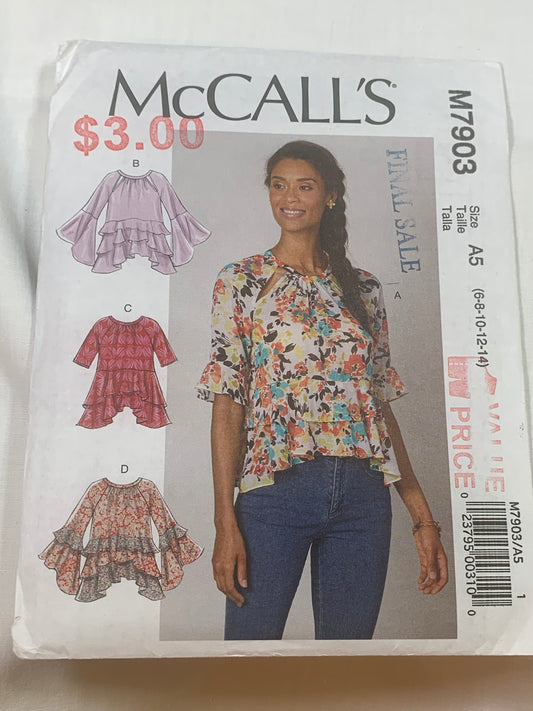 McCall's Sewing Pattern M7903 Misses' Tunics, Tops, Long/Short Sleeves, 4 Variations, Loose-Fitting, Flounces, Size 6-14, Uncut, 2019