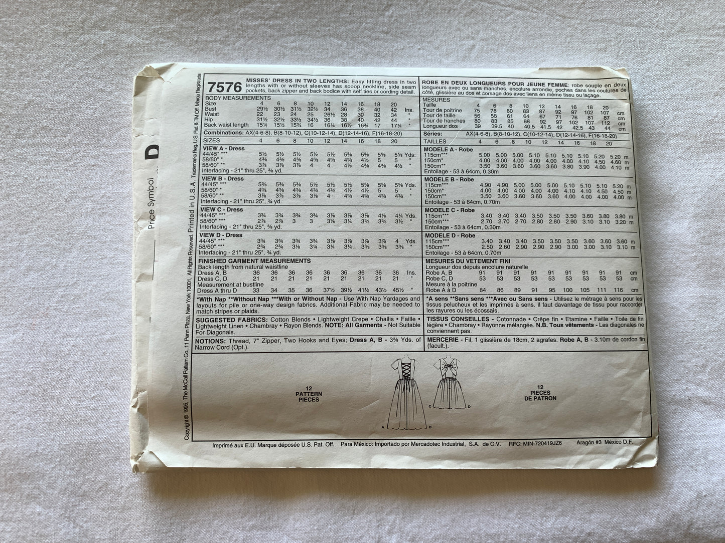 McCall's Sewing Pattern 7576 Misses' Dress, Zipper Back, Two Lengths, Pockets, Size 4-8, Uncut, Vintage 1995