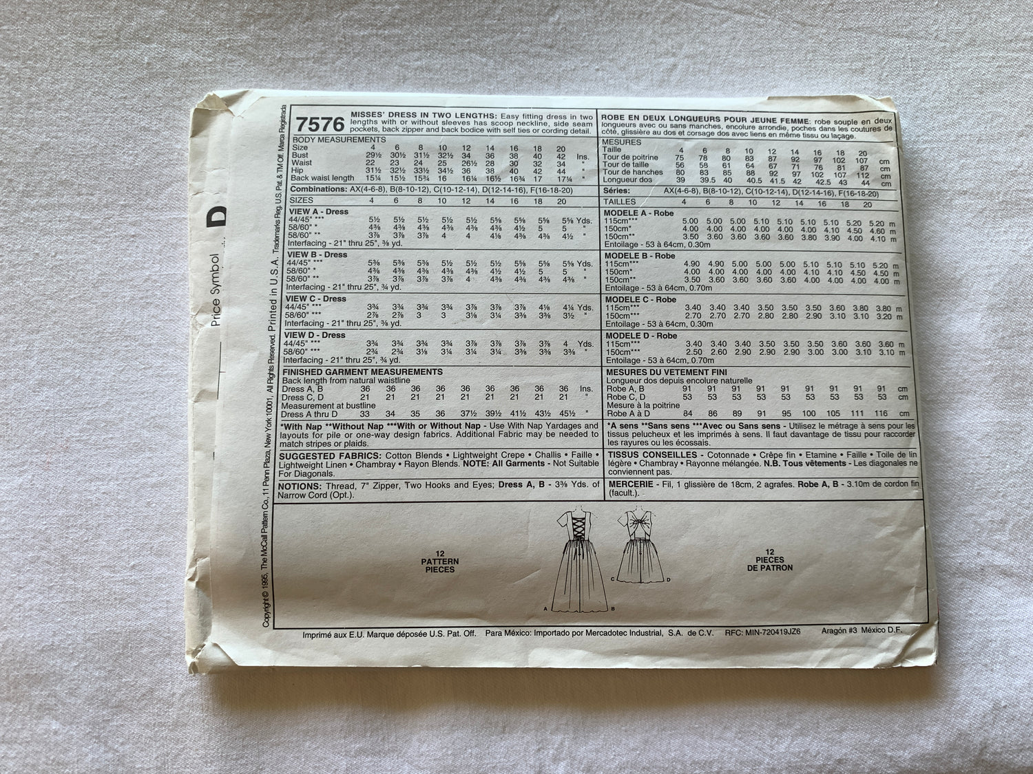 McCall's Sewing Pattern 7576 Misses' Dress, Zipper Back, Two Lengths, Pockets, Size 4-8, Uncut, Vintage 1995