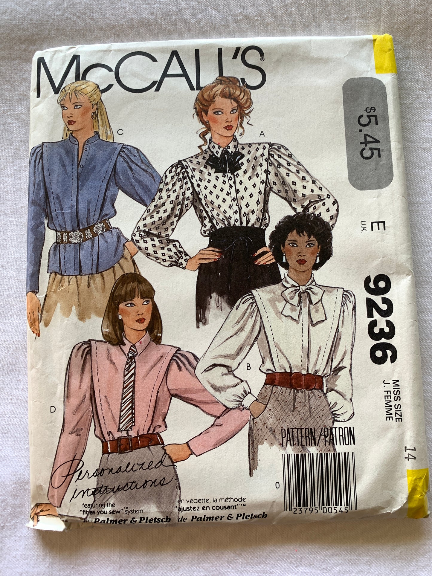 McCall's Sewing Pattern 9236 Misses' Blouses, Long Sleeves, Tie, Button Front, 4 Variations, Size 14, Uncut, Vintage 1984