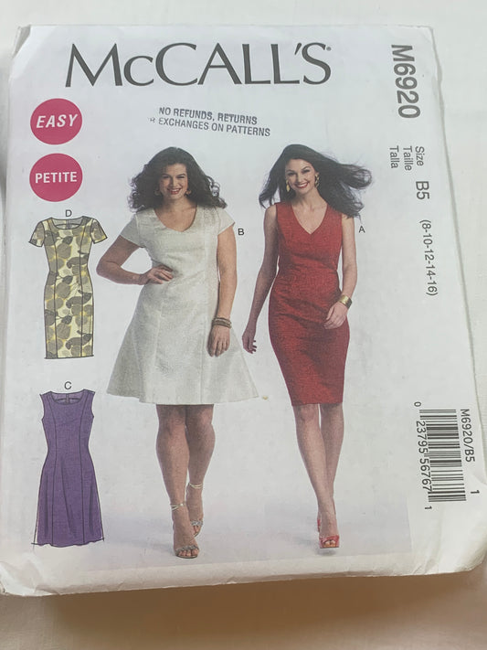 McCall's Sewing Pattern M6920 Misses'/Miss Petite Dresses, Close-Fitting, Short Sleeves, Sleeveless, Princess Seams, Zipper Back, Size 8-16, Uncut, 2014