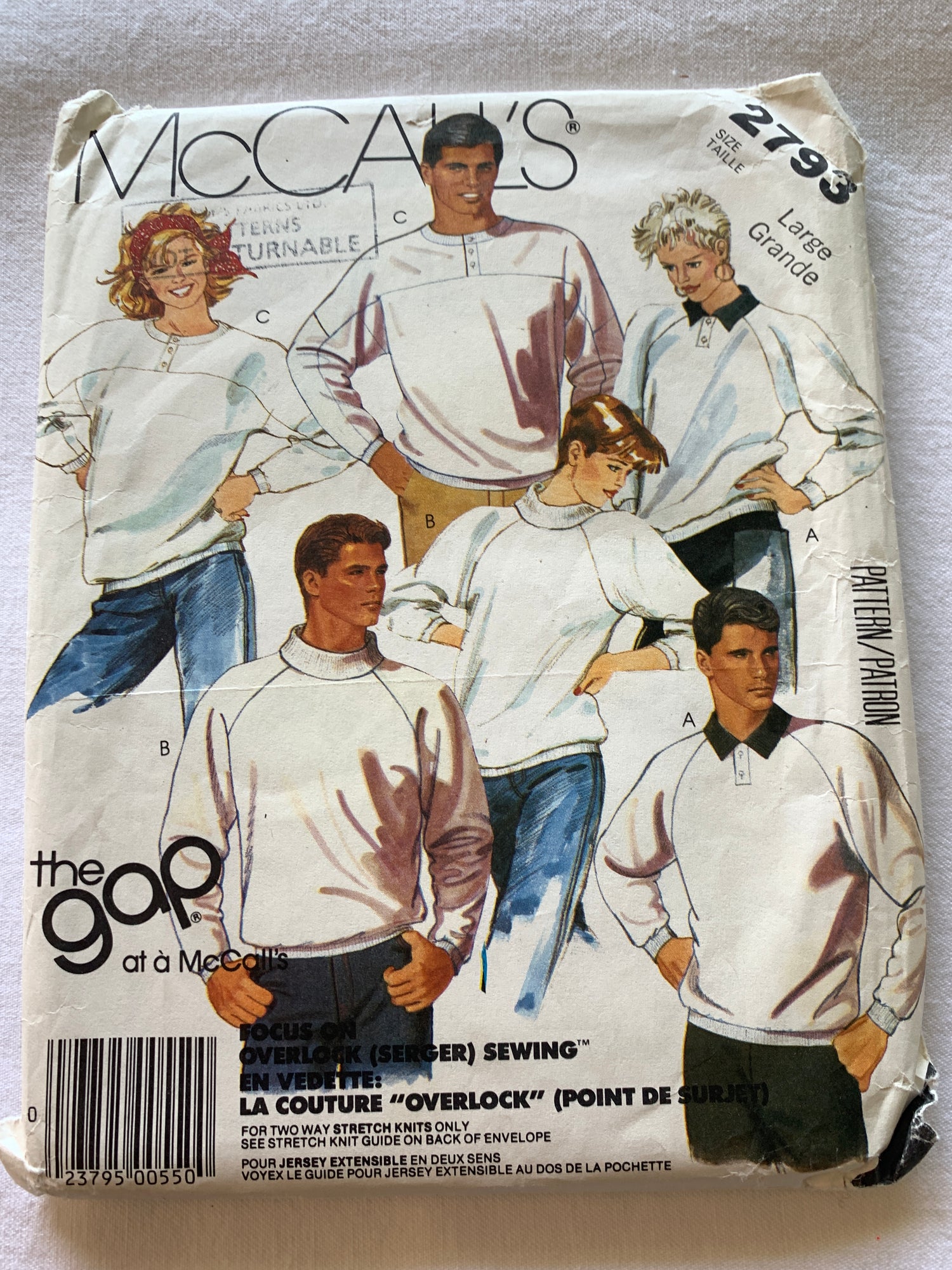 McCall's Sewing Pattern 2793 Misses'/Men's Top, 3 Variations, Stretch Knit, Pullover, Size 40-42, Uncut, Vintage 1986