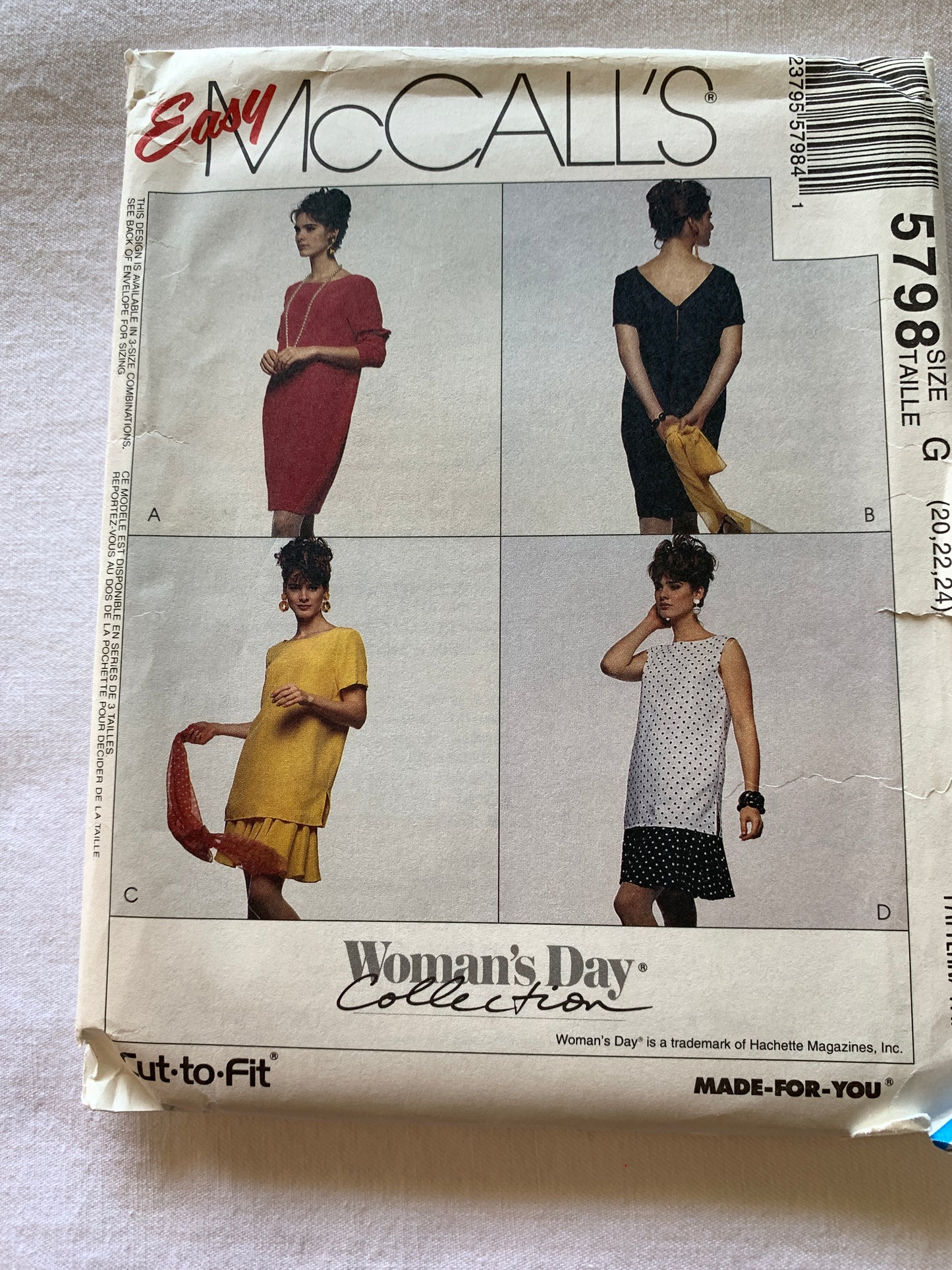 McCall's Sewing Pattern 5798 Misses' Top, Skirt, Two Piece Dress, Size 20-24, Uncut, Vintage 1992