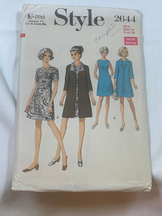 Style Sewing Pattern 2644 Misses' Lined Jacket, Coat, Dress, Long/Short Sleeves, Sleeveless, Belt, Collar, Size 14, Uncut, Vintage 1969