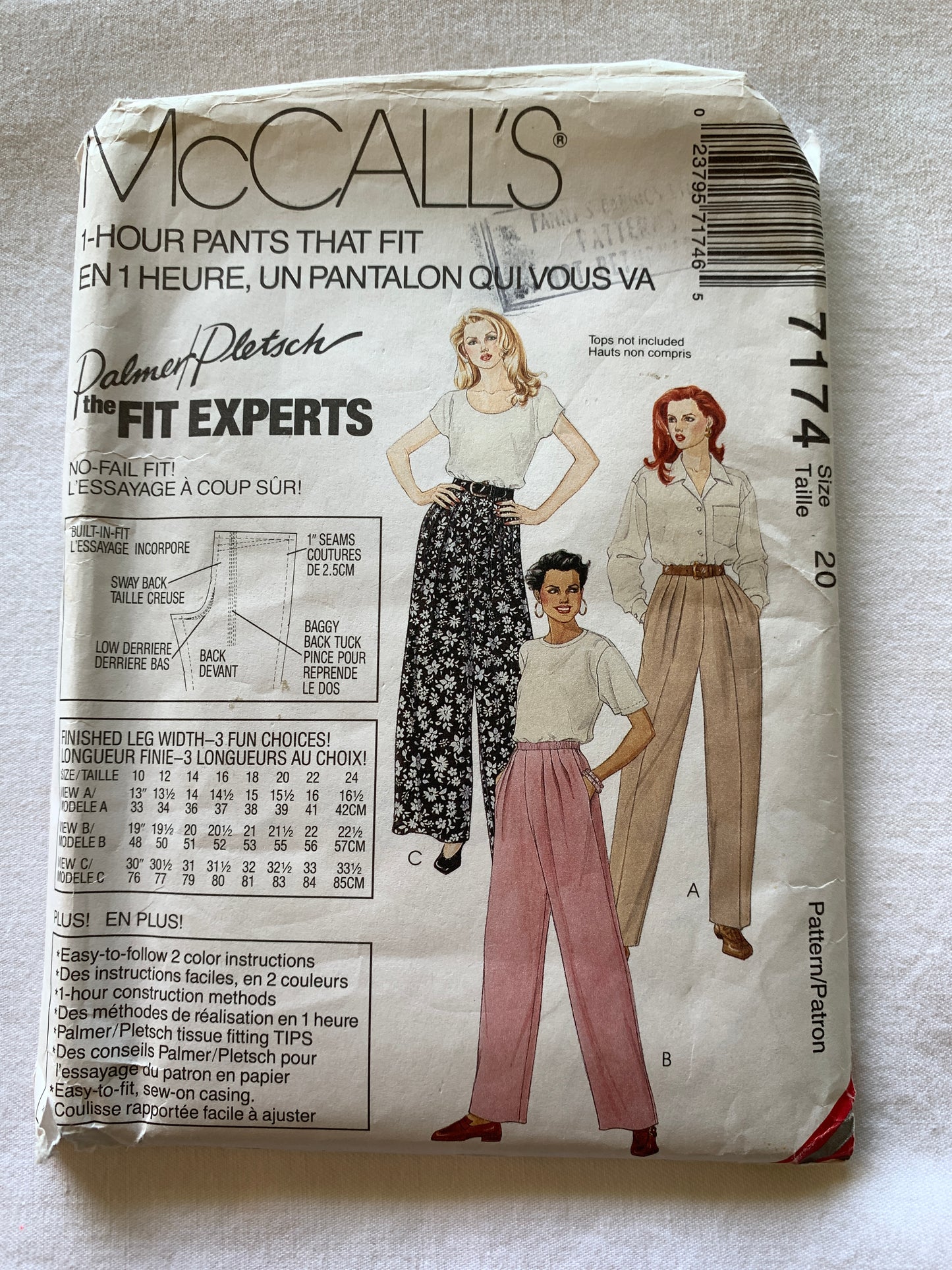 McCall's Palmer Pletsch Sewing Pattern 7174 Misses' Pants, 3 Variations, Elastic Waist, Size 20, Uncut, Vintage 1990