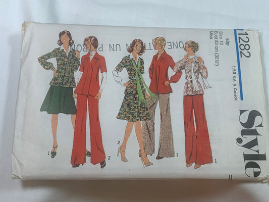 Style Sewing Pattern 1282 Misses'Tunic, Skirt, Trousers, Collar, Belt, Long/Short Sleeves, Side Zipper, Size 10, Uncut, Vintage 1975
