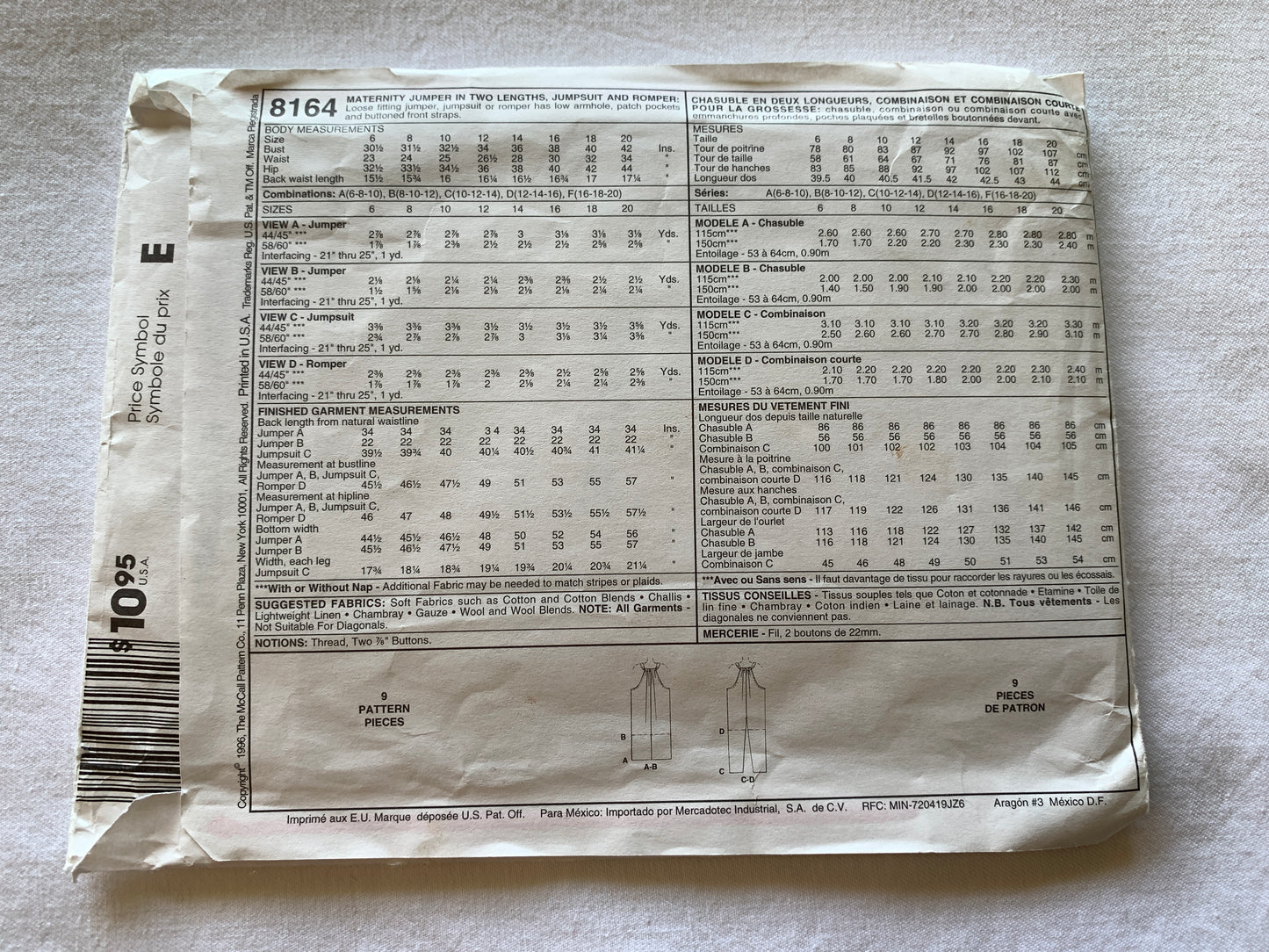 McCall's Sewing Pattern 8164 Misses' Maternity Jumpsuit, Two Lengths, Rompers, Size 8-12, Uncut, Vintage 1996