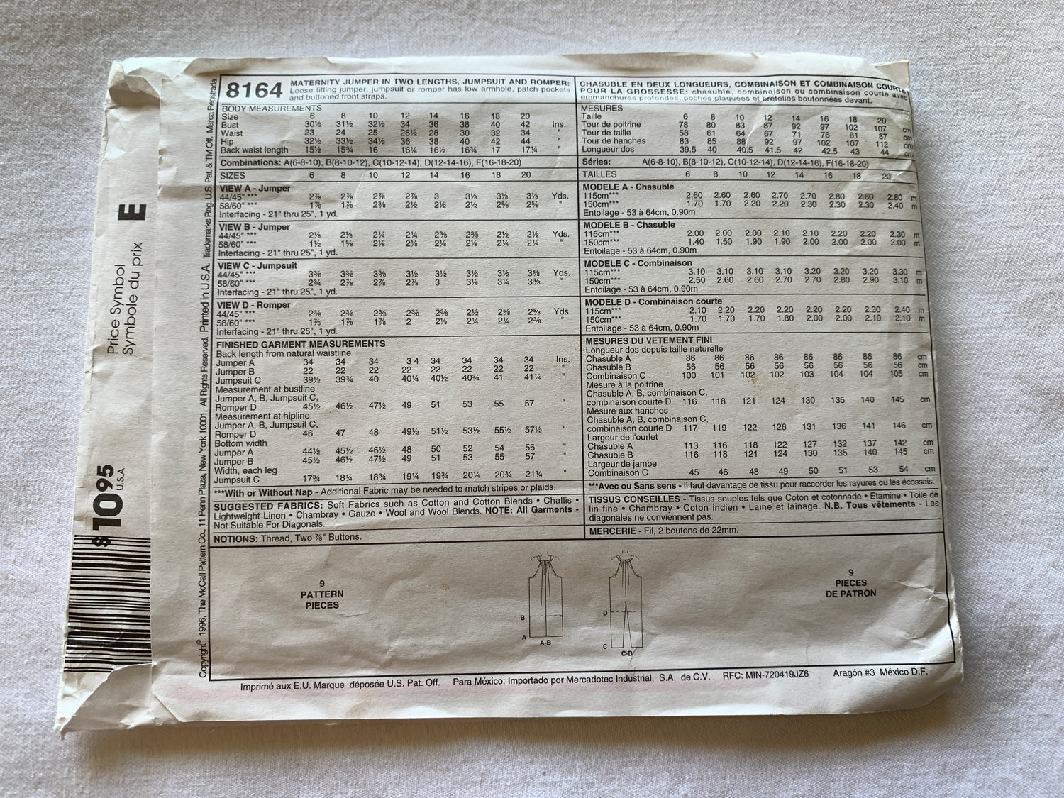 McCall's Sewing Pattern 8164 Misses' Maternity Jumpsuit, Two Lengths, Rompers, Size 8-12, Uncut, Vintage 1996