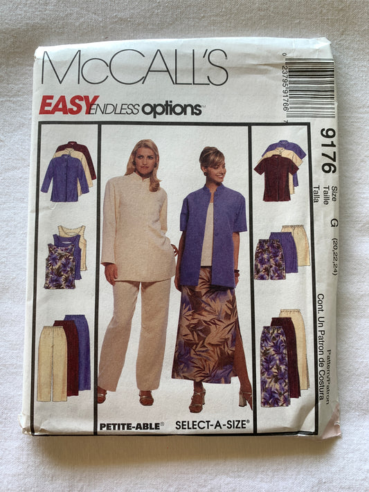 McCall's Sewing Pattern 9176 Women's Tunic, Top, Pull-On Pants, Shorts, Skirt, Size 20-24, Uncut, Vintage 1998 