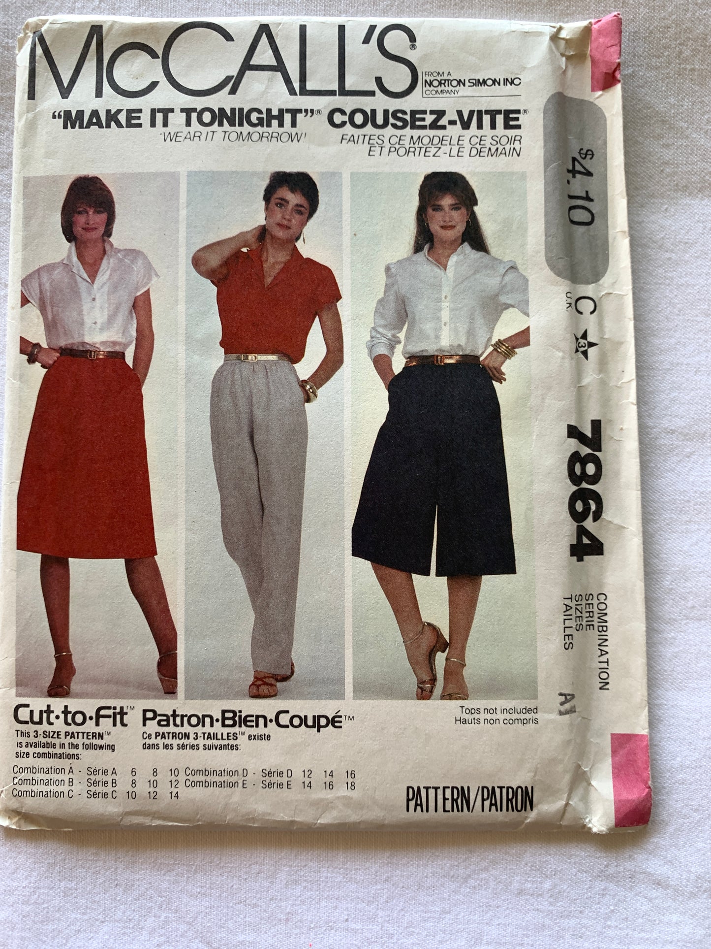 McCall's Sewing Pattern 7864 Misses' Culottes, Pants, Skirt, Elastic Waist, Pockets, Size 6-10, Cut, Vintage 1982
