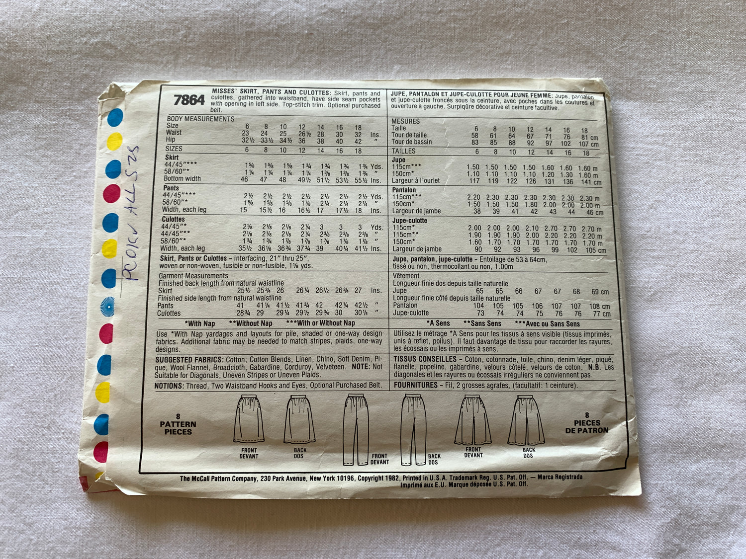McCall's Sewing Pattern 7864 Misses' Culottes, Pants, Skirt, Elastic Waist, Pockets, Size 6-10, Cut, Vintage 1982