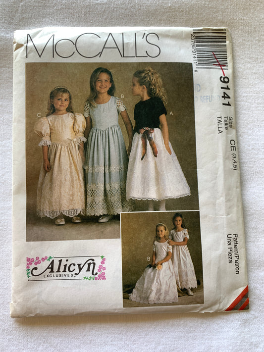 McCall's Sewing Pattern Alicyn 9141 Girls' Dress, Two Lengths, Zipper Back, Short Sleeves, Size 3-5, Uncut, Vintage 1997 