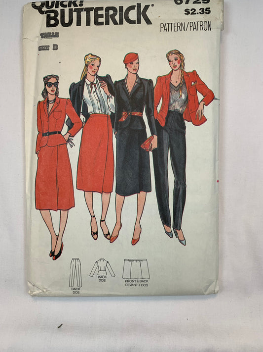 Butterick Sewing Pattern 6729 Misses'/Junior Petite Jacket, Skirt, Pants, Semi-Fitted, Shoulder Pads, Pockets, Dirndl, Size 9-13, Uncut, Vintage 1980