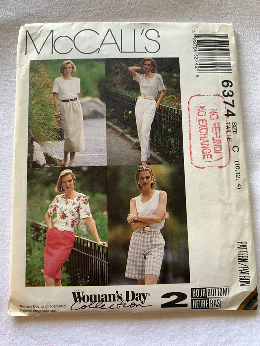 McCall's Sewing Pattern 6374 Misses' Skirt, Pants, Shorts, Pockets, Zipper Back, Tapered, Size 10-14, Uncut, Vintage 1993