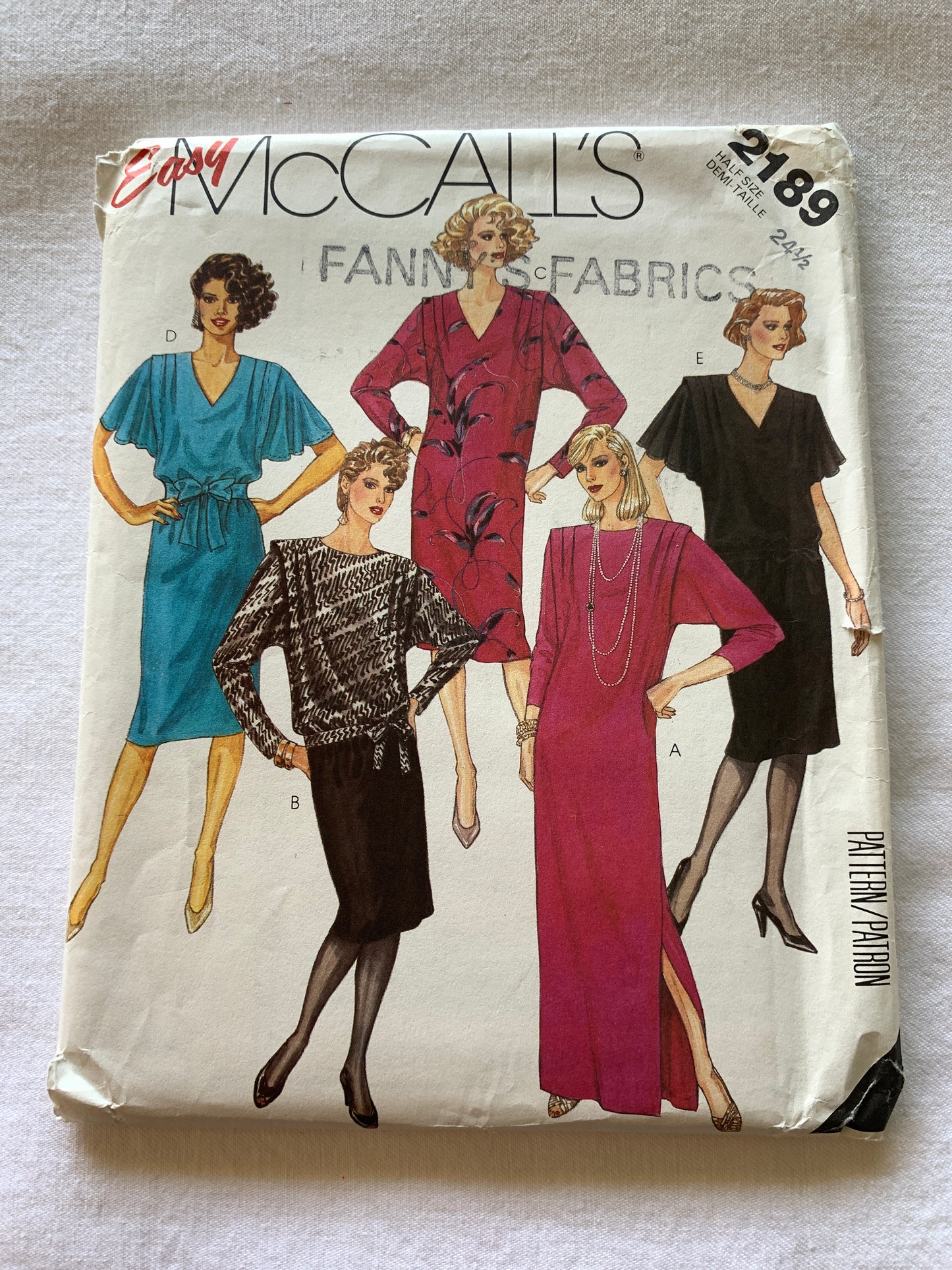 McCall's Sewing Pattern 2189 Misses' Dress, Top, Skirt, Tie Belt, Size 24 1/2, Uncut, Vintage 1985