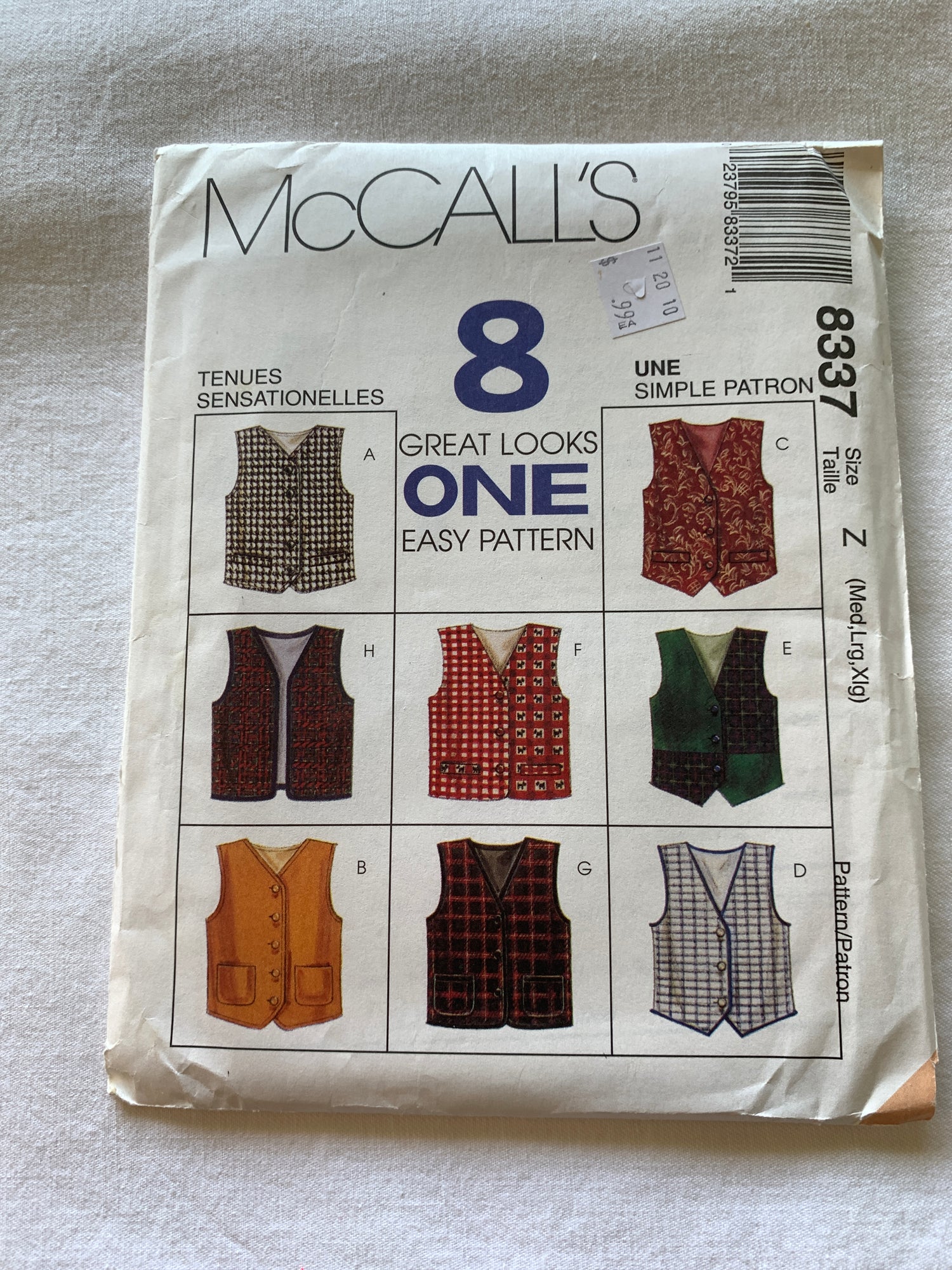 McCall's Sewing Pattern 8337 Children/Boys/Girls' Vests, Button Front, Sleeveless, Fitted, Lined, 9 Variations, Size 7-14, Uncut, Vintage 1996