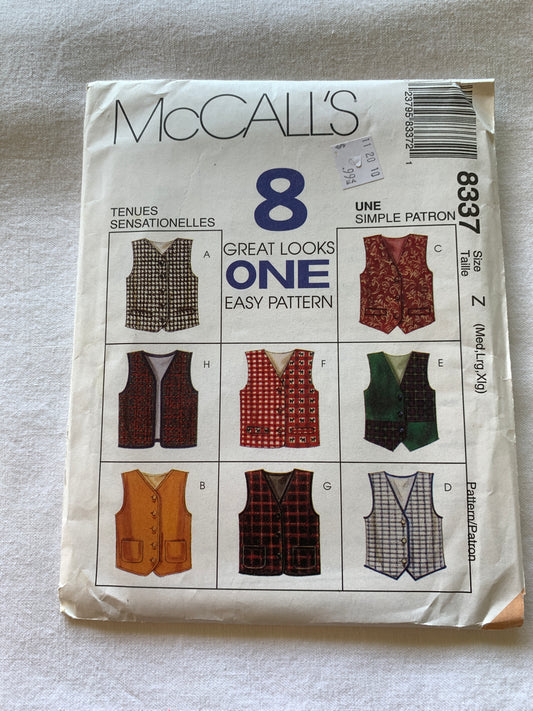 McCall's Sewing Pattern 8337 Children/Boys/Girls' Vests, Button Front, Sleeveless, Fitted, Lined, 9 Variations, Size 7-14, Uncut, Vintage 1996