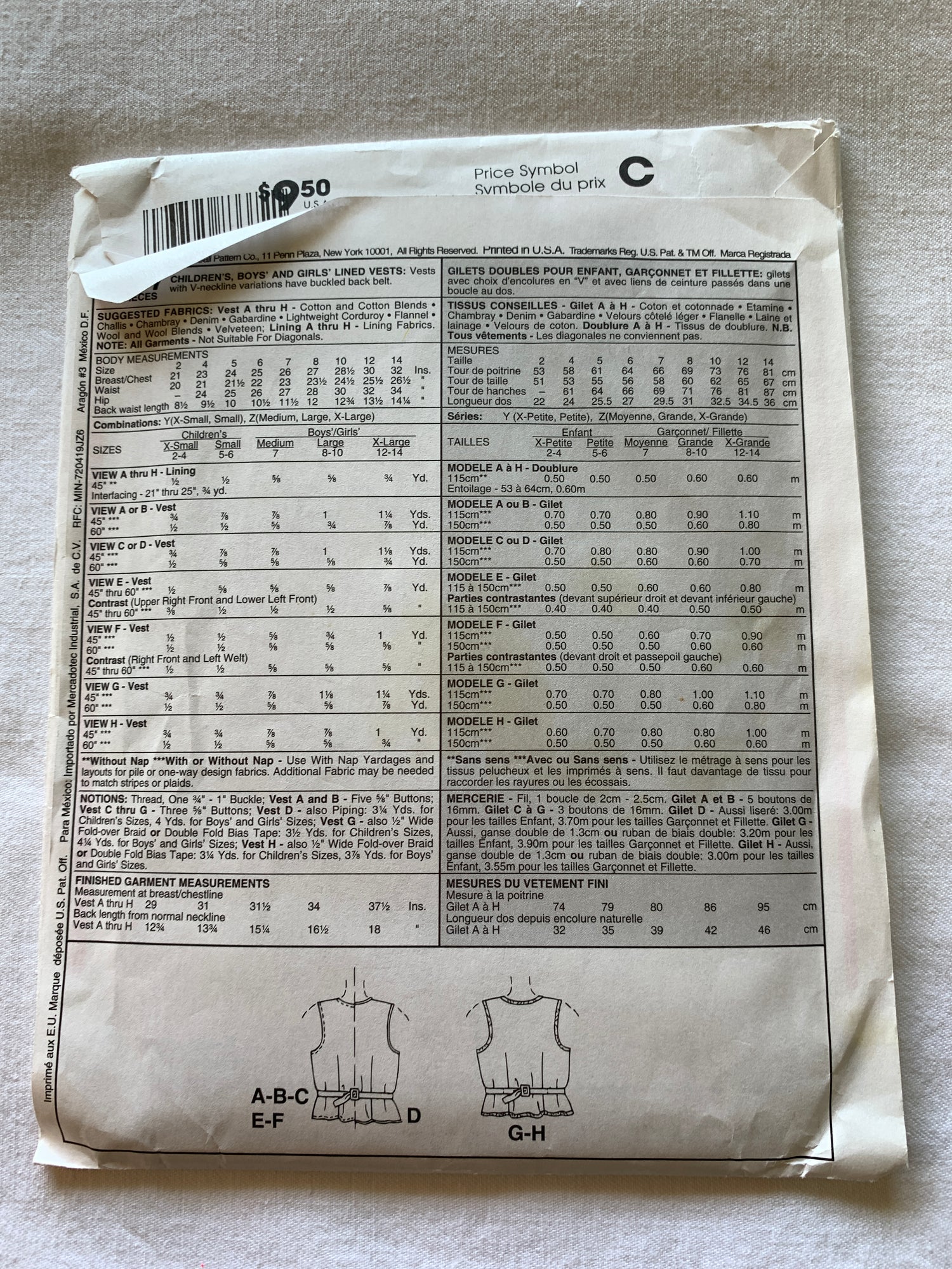 McCall's Sewing Pattern 8337 Children/Boys/Girls' Vests, Button Front, Sleeveless, Fitted, Lined, 9 Variations, Size 7-14, Uncut, Vintage 1996