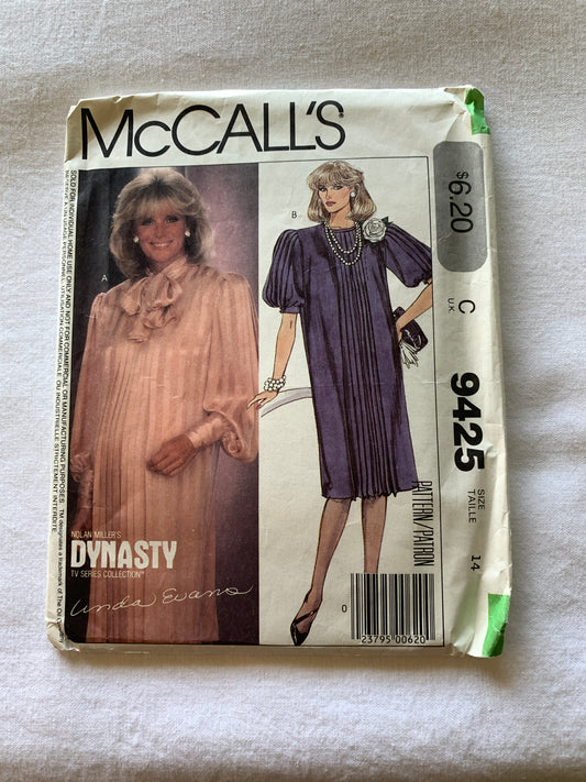 McCall's Sewing Pattern Linda Evans 9425 Misses' Maternity Dress, Zipper Back, Long Sleeves, Size 14, Uncut, Vintage 1985