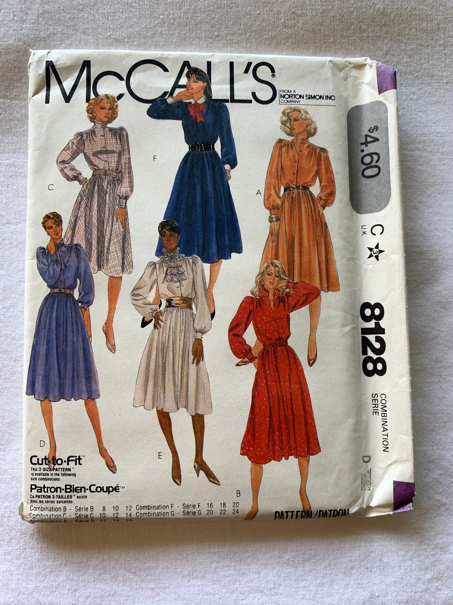 McCall's Sewing Pattern 8128 Misses' Dress, 6 Variations, Loose-Fitting, Pullover, Long Sleeves, Neckband, Size 12-16, Vintage 1982