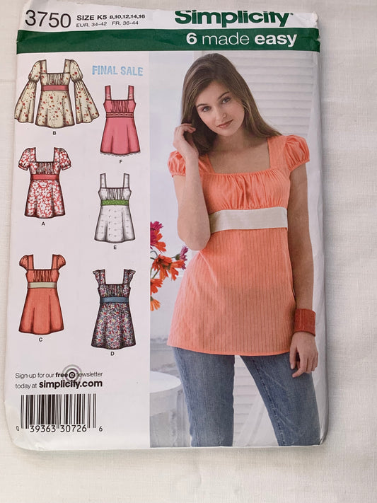 Simplicity Sewing Pattern 3750 Misses' Tunic, Top, Pullover, Long/Short Sleeves, Tie Back, Size 8-16, Uncut, 2007