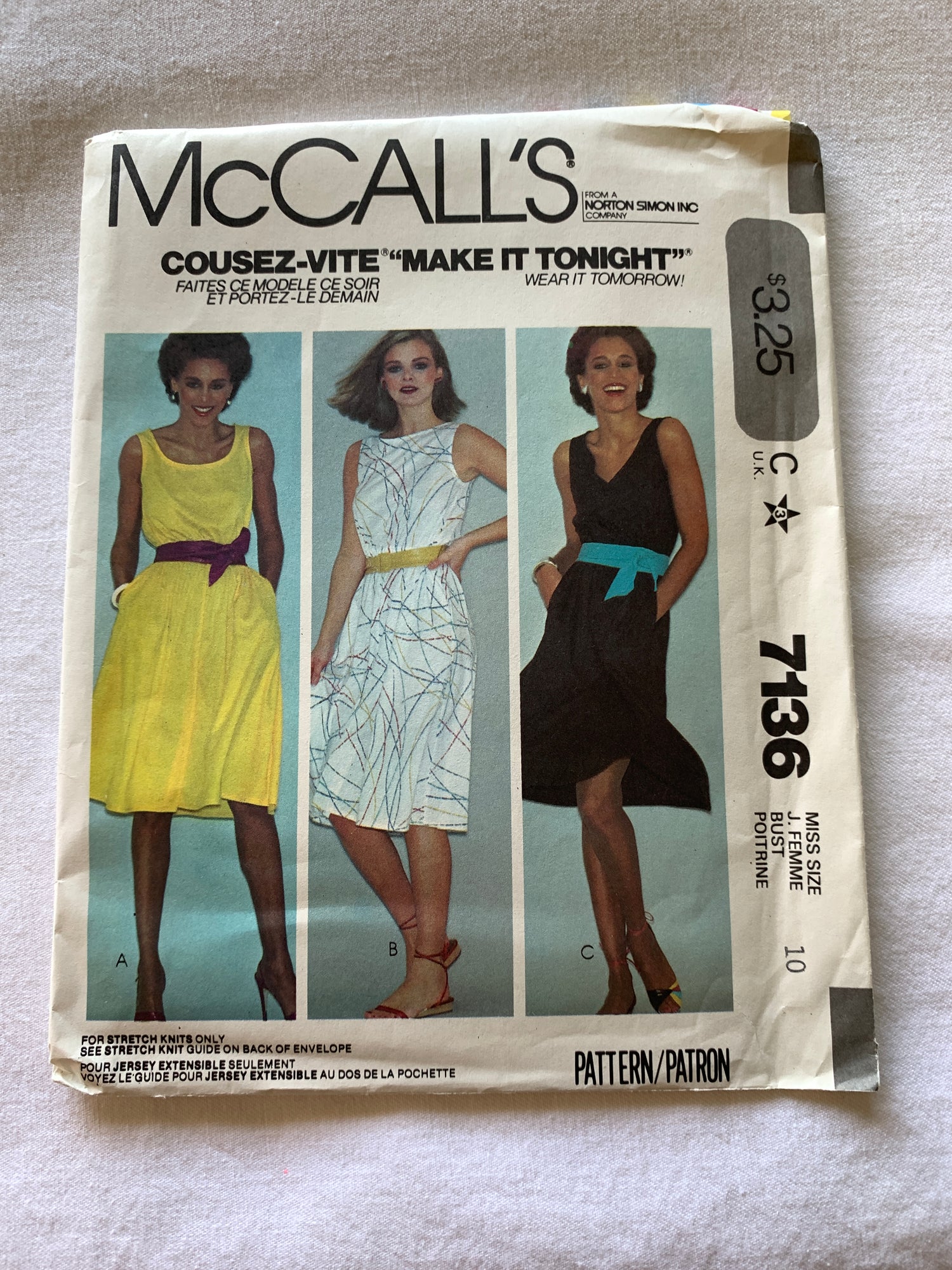 McCall's Sewing Pattern 7136 Misses' Dress, Stretch Knits Only, Pullover, Sleeveless, Size 10, Uncut, Vintage 1990