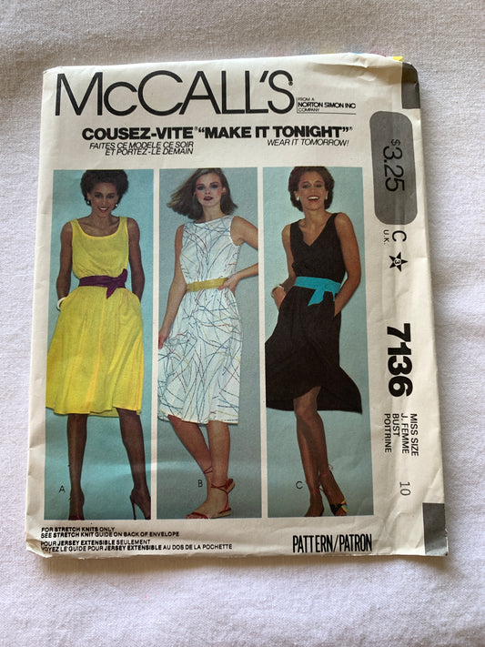 McCall's Sewing Pattern 7136 Misses' Dress, Stretch Knits Only, Pullover, Sleeveless, Size 10, Uncut, Vintage 1990