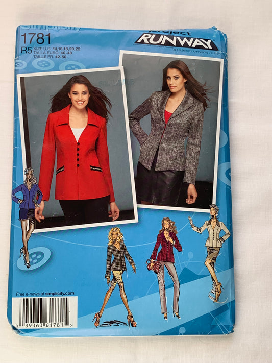 Simplicity Sewing Pattern 1781 Project Runway, Misses' Jacket, Coats, Two Lengths, Collar, Button Front, Pockets, Size 14-222, Uncut, 2012