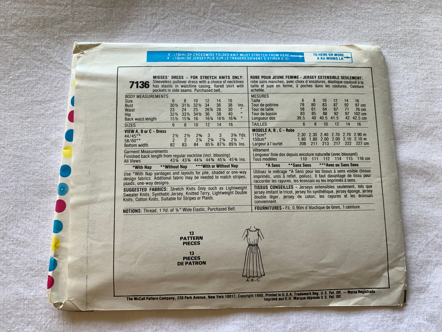 McCall's Sewing Pattern 7136 Misses' Dress, Stretch Knits Only, Pullover, Sleeveless, Size 10, Uncut, Vintage 1990