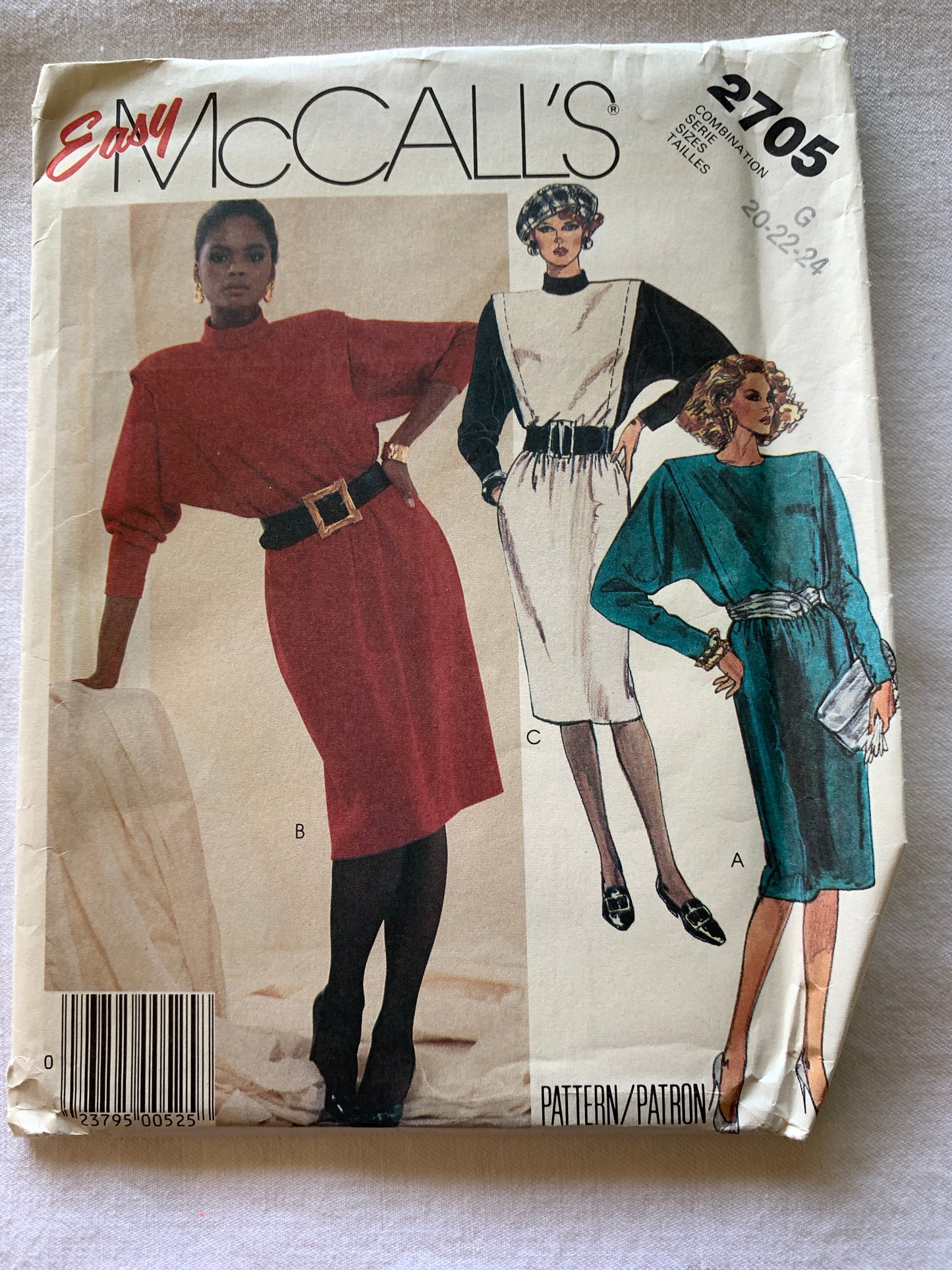 McCall's Sewing Pattern 2705 Misses' Dress, Zipper Back, Pockets, Straight, Size 20-24, Uncut, Vintage 1986