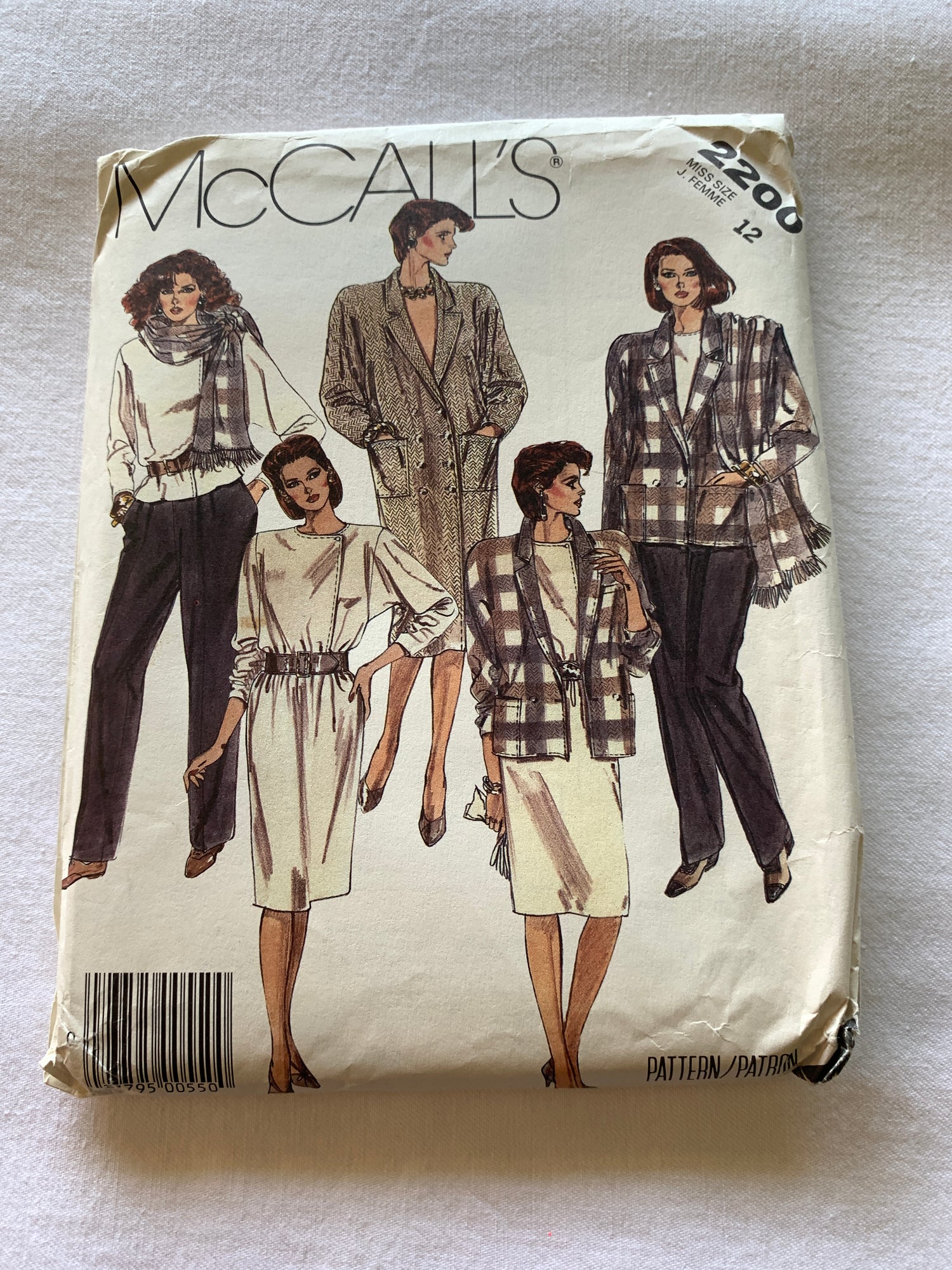 McCall's Sewing Pattern 2200 Misses' Coatdress, Jacket, Skirt, Blouse, Pants, Scarf, Size 12, Uncut, Vintage 1985