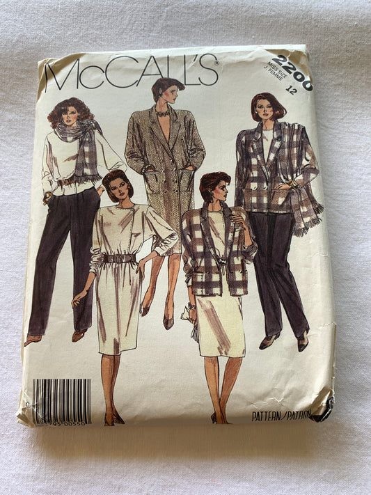 McCall's Sewing Pattern 2200 Misses' Coatdress, Jacket, Skirt, Blouse, Pants, Scarf, Size 12, Uncut, Vintage 1985