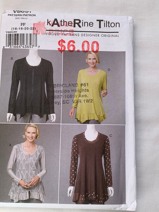 Vogue Sewing Pattern V8691, Katherine Tilton, Misses' Top, Shirts,Semi-Fitted, Long Sleeves, Zipper Front, Size 16-22, Uncut, 2010