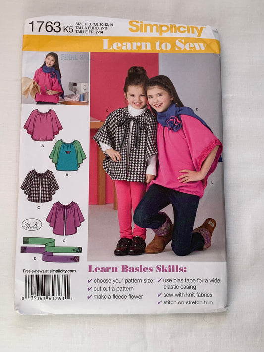 Simplicity Sewing Pattern 1763 Girls' Knit Top, Fleece Capelet, Scarf, Size 7-14, Uncut, 2000