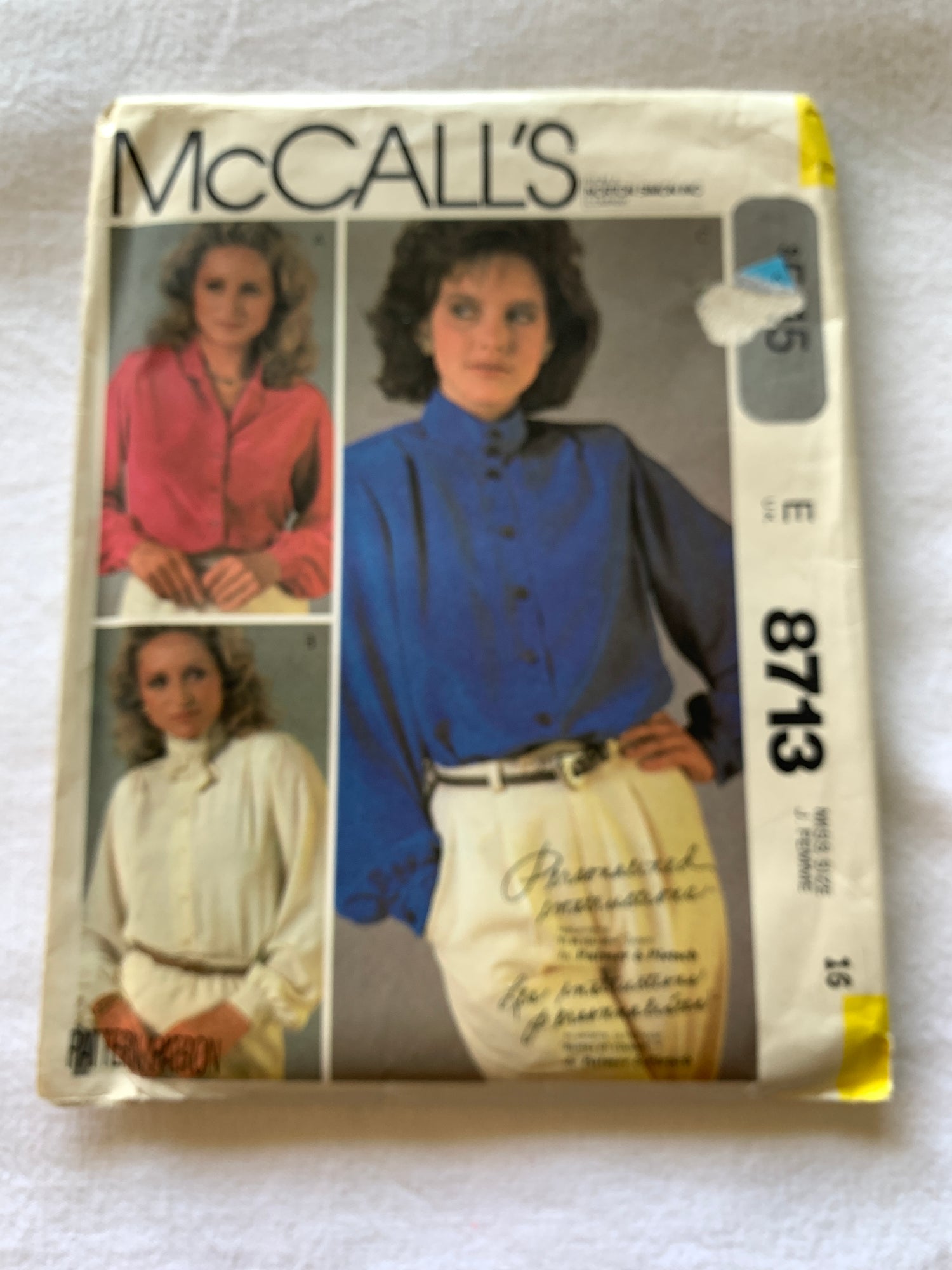 McCall's Sewing Pattern 8713 Misses' Blouses, Long Sleeves, Tie, Button Front, 3 Variations, Size 16, Uncut, Vintage 1983