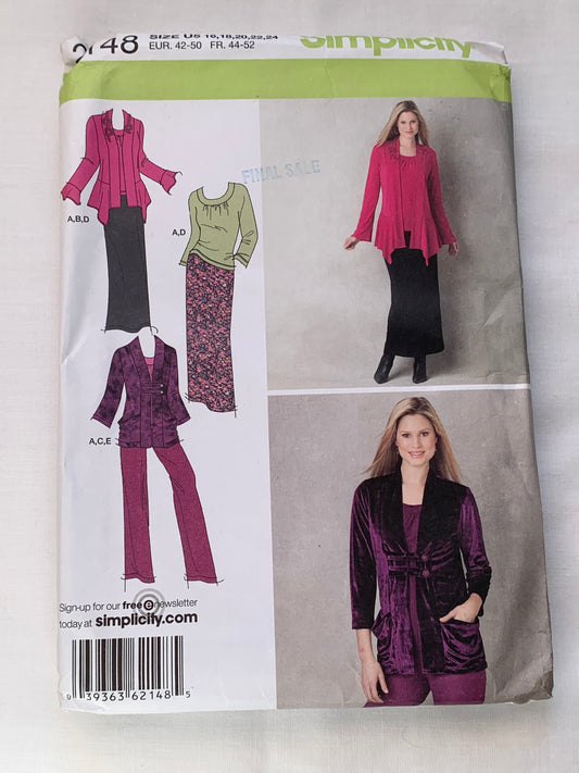 Simplicity Sewing Pattern 2148 Misses' Pants, Skirt, Knit Top/Cardigan, Semi-Fitted, Pullover, Long Sleeves, 4 Variations, Pockets, Size 16-24, Uncut, 2011