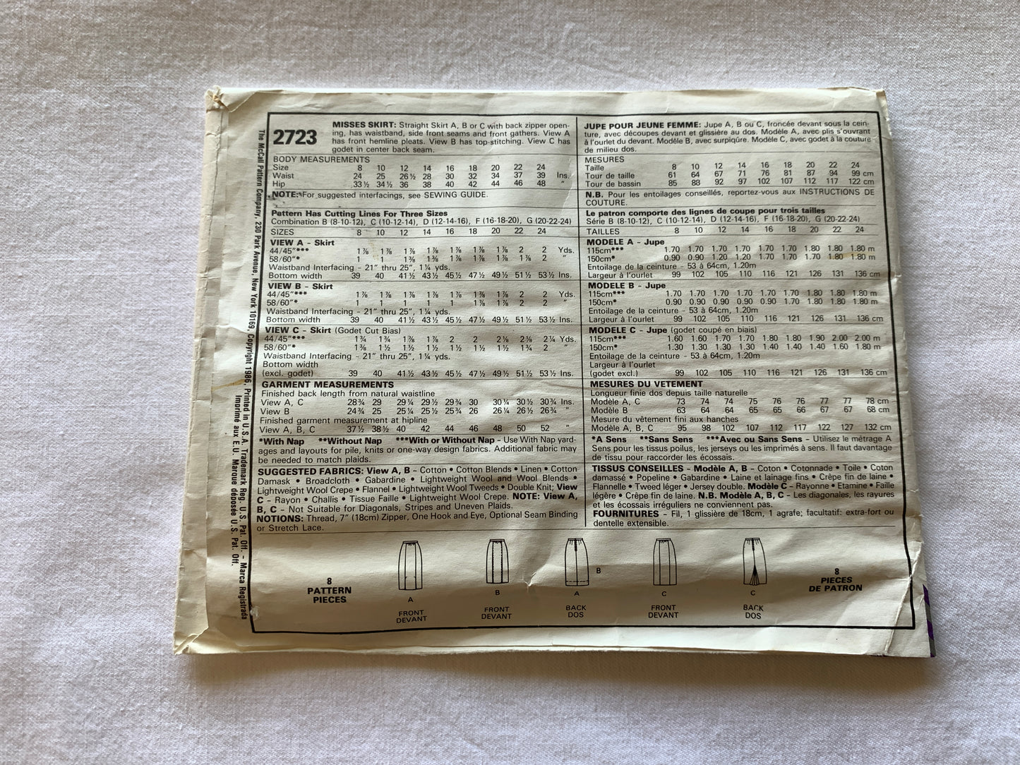 McCall's Sewing Pattern 2723 Misses' Skirt, Zipper Back, 3 Variations, Two Length, Uncut, Vintage 1996
